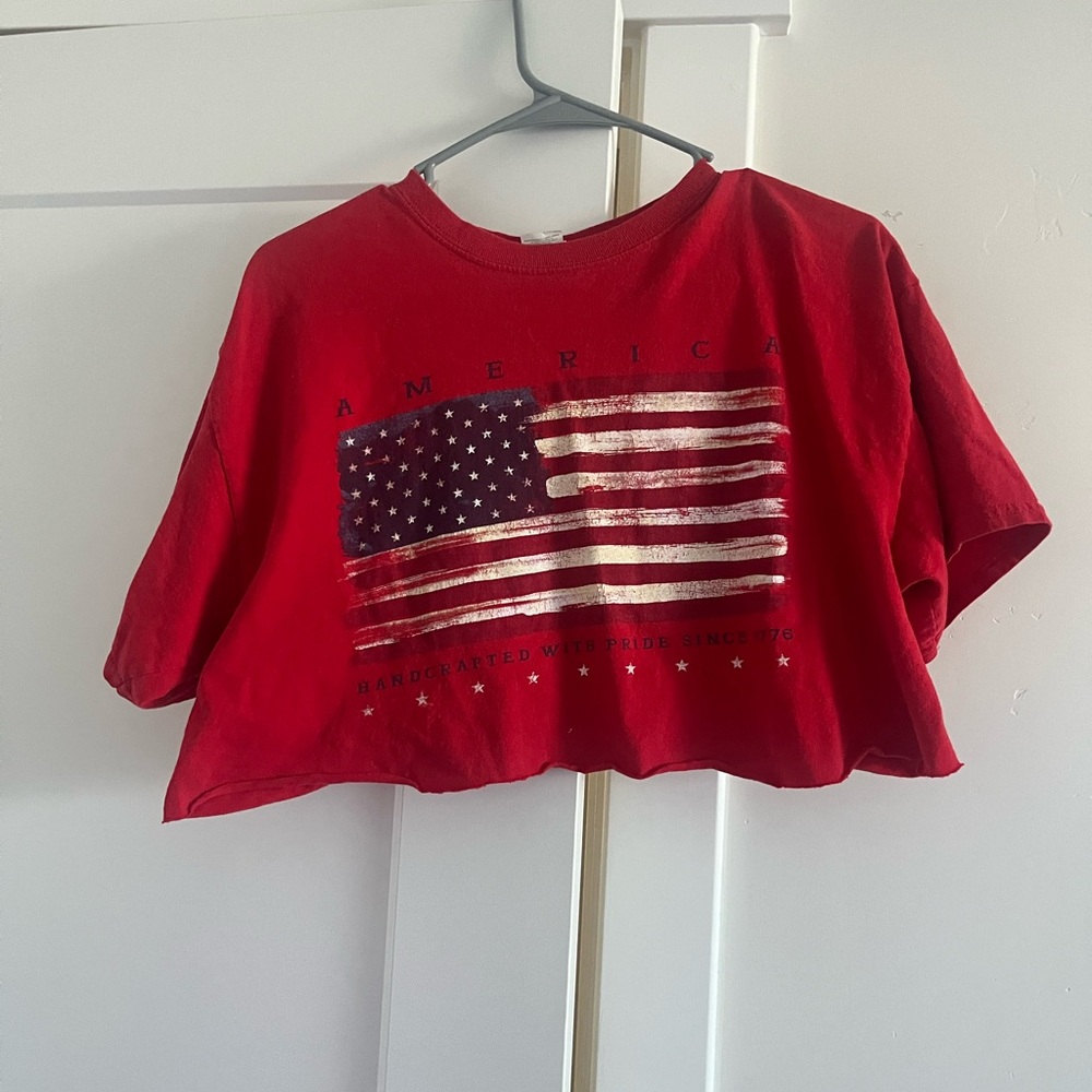 Red Women Cropped T-Shirt with American Flag Design